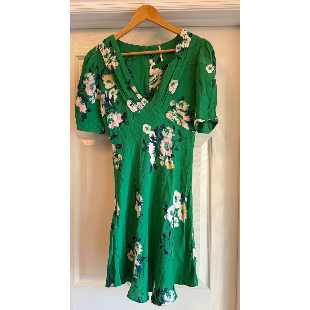 Free People Mini Dress Women 4 Green Floral V-Neck Puff Sleeve Fit & Flare